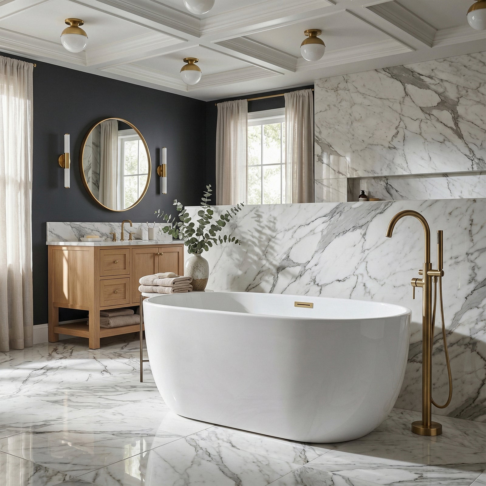 54 Inch Soaking Bathtub In Glossy White With Brushed Gold Trim - View 2 - Joshua Marshal