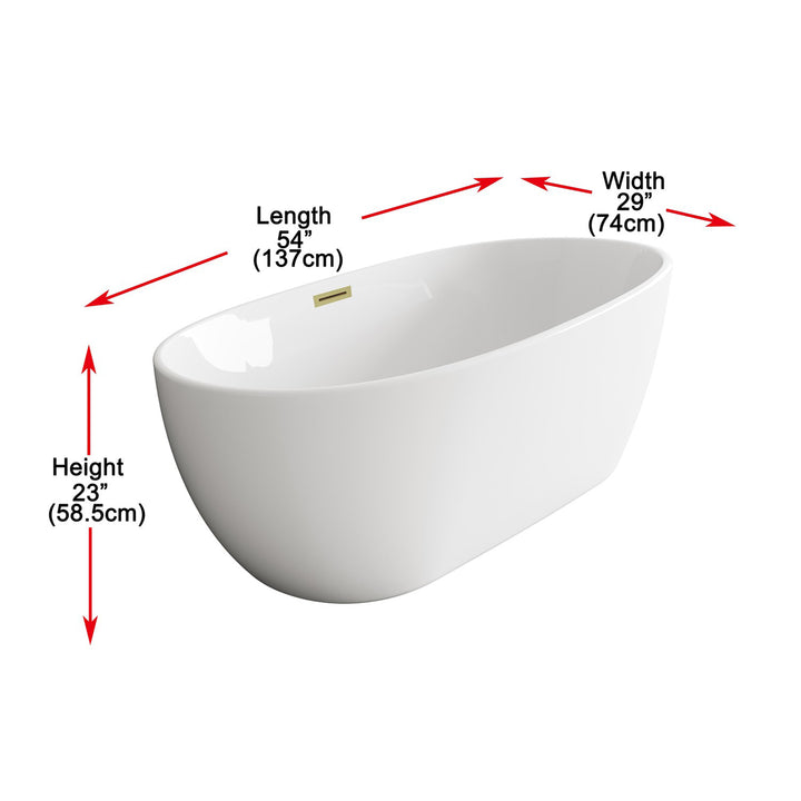 54 Inch Soaking Bathtub In Glossy White With Brushed Gold Trim - View 5 - Joshua Marshal