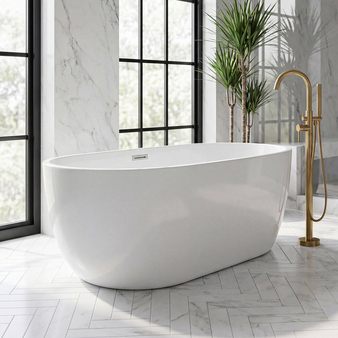 54 Inch Soaking Bathtub In Glossy White With Brushed Nickel Trim Glossy White Finish - KITCHEN & BATH by Joshua Marshal
