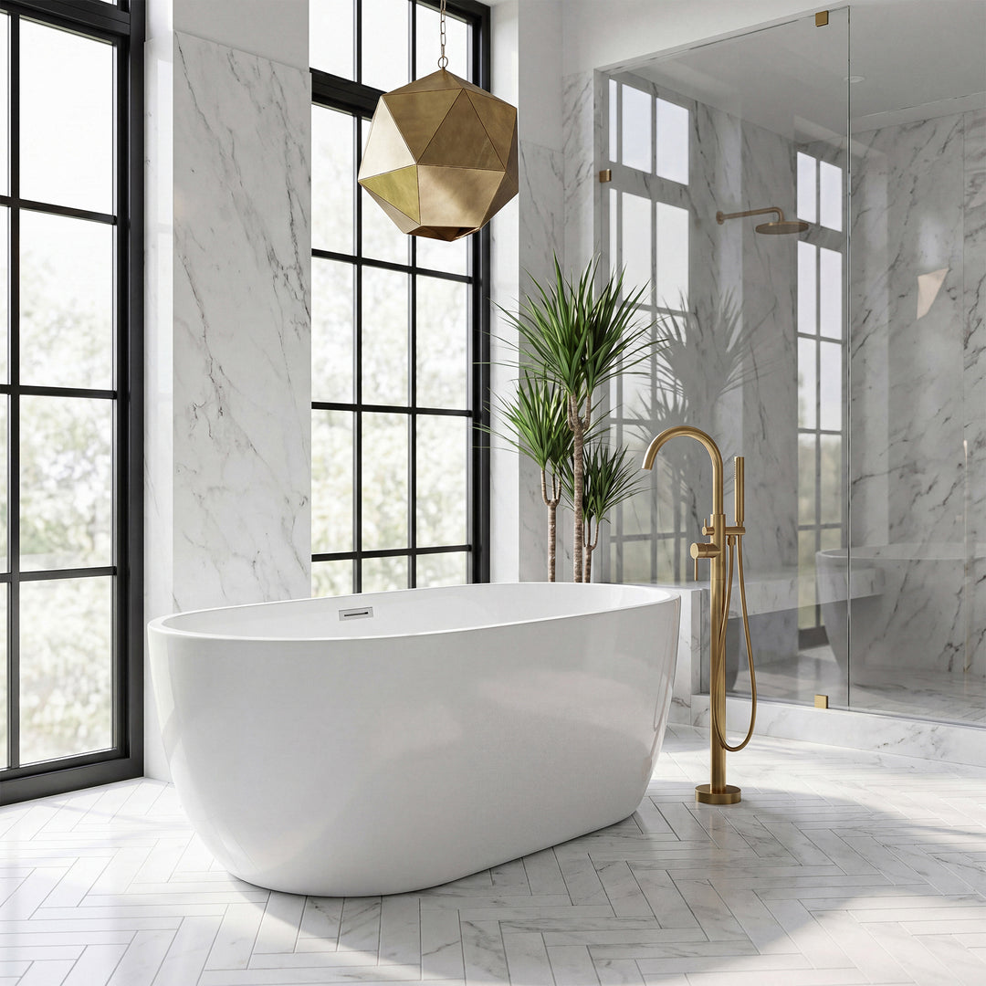 54 Inch Soaking Bathtub In Glossy White With Brushed Nickel Trim - View 2 - Joshua Marshal