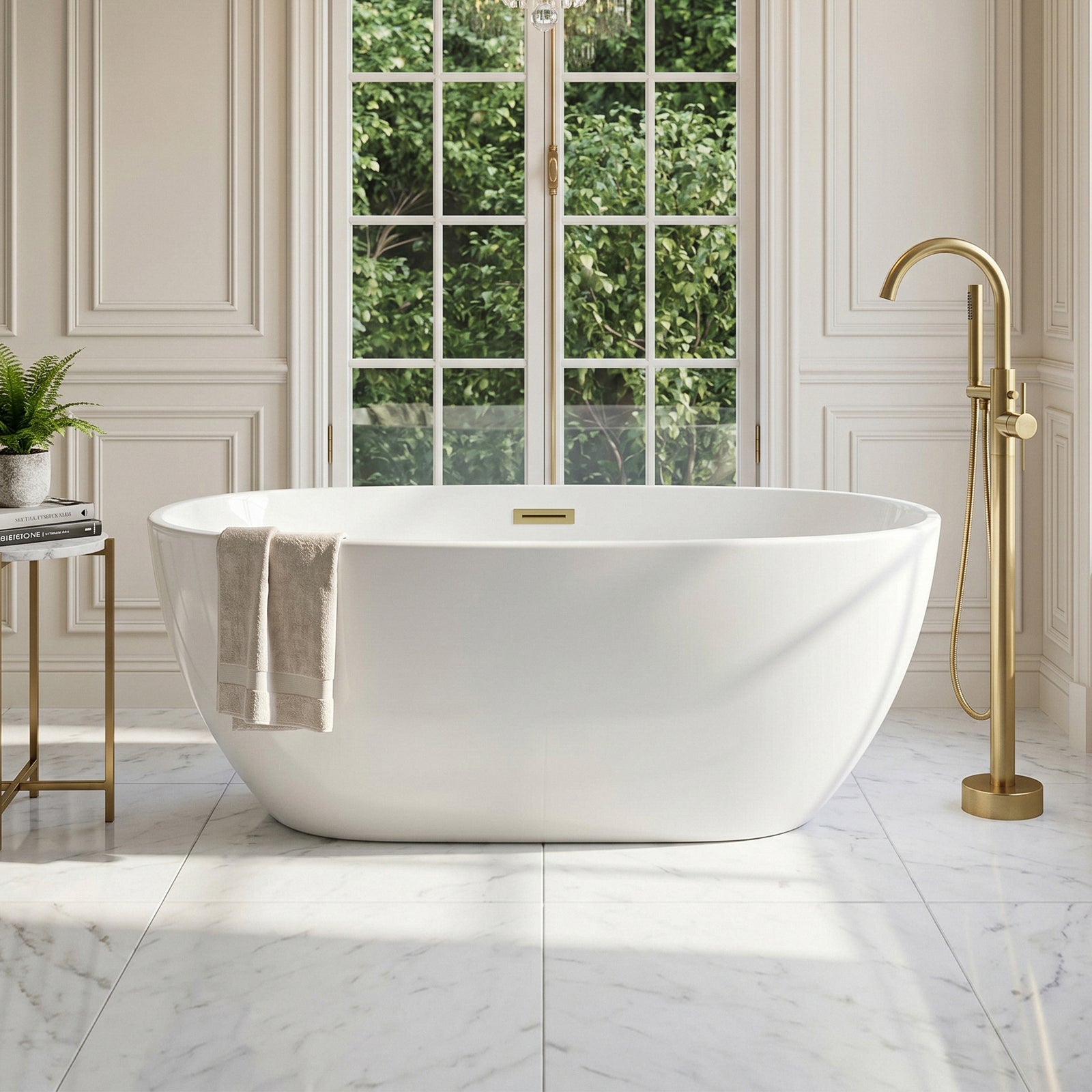 59 Inch Soaking Bathtub In Glossy White With Brushed Gold Trim Glossy White Finish - KITCHEN & BATH by Joshua Marshal