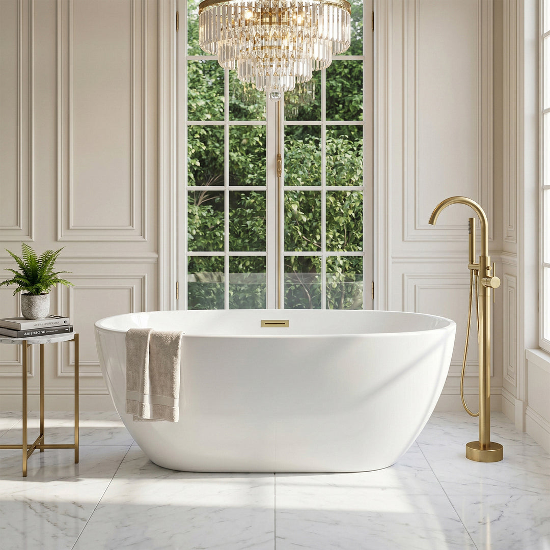 59 Inch Soaking Bathtub In Glossy White With Brushed Gold Trim - View 2 - Joshua Marshal