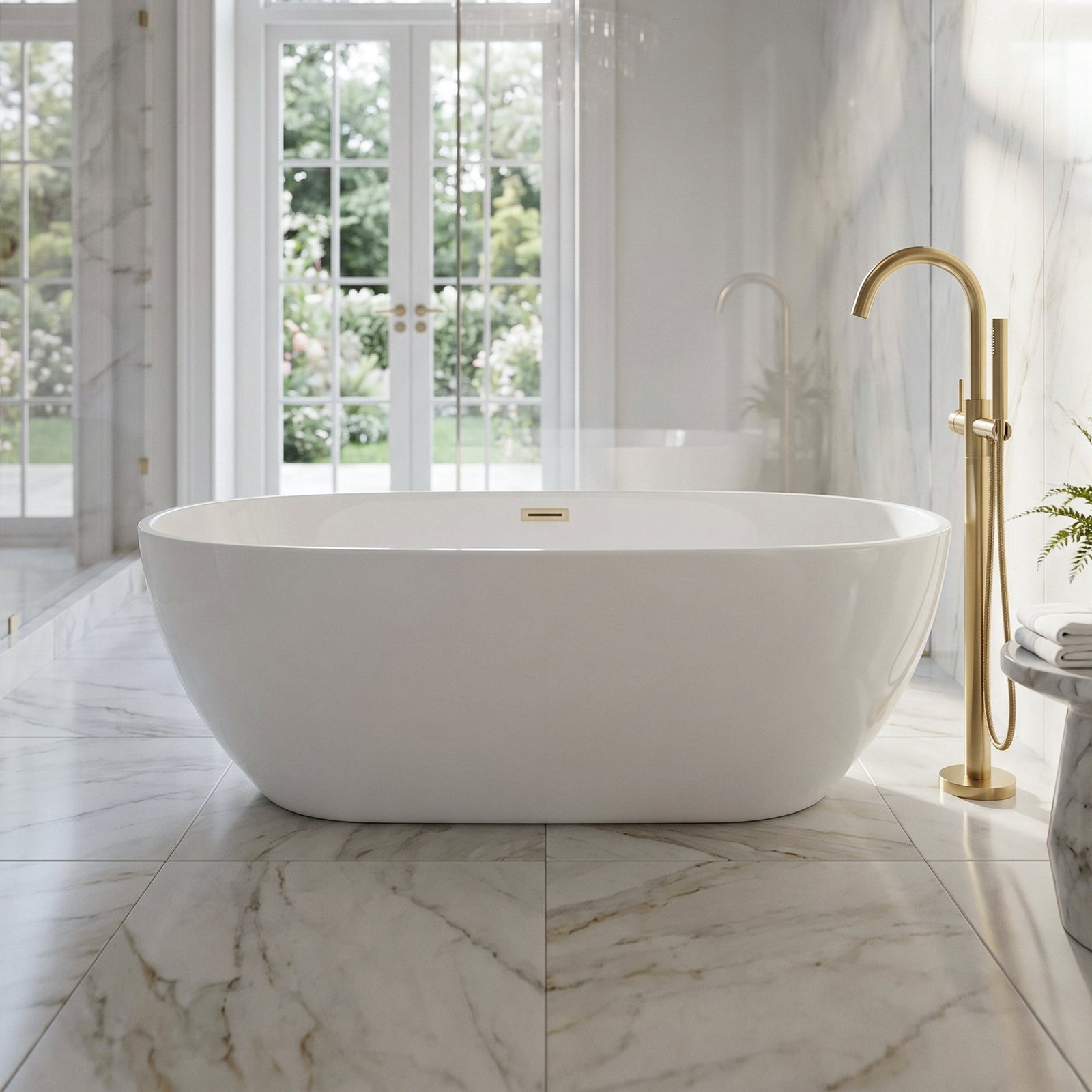 67 Inch Soaking Bathtub In Glossy White With Brushed Gold Trim Glossy White Finish - KITCHEN & BATH by Joshua Marshal
