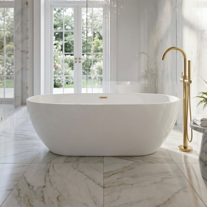 67 Inch Soaking Bathtub In Glossy White With Brushed Gold Trim Glossy White Finish - KITCHEN & BATH by Joshua Marshal