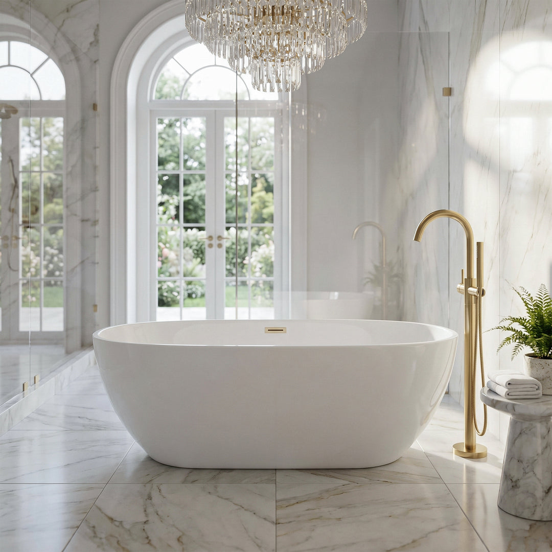 67 Inch Soaking Bathtub In Glossy White With Brushed Gold Trim - View 2 - Joshua Marshal