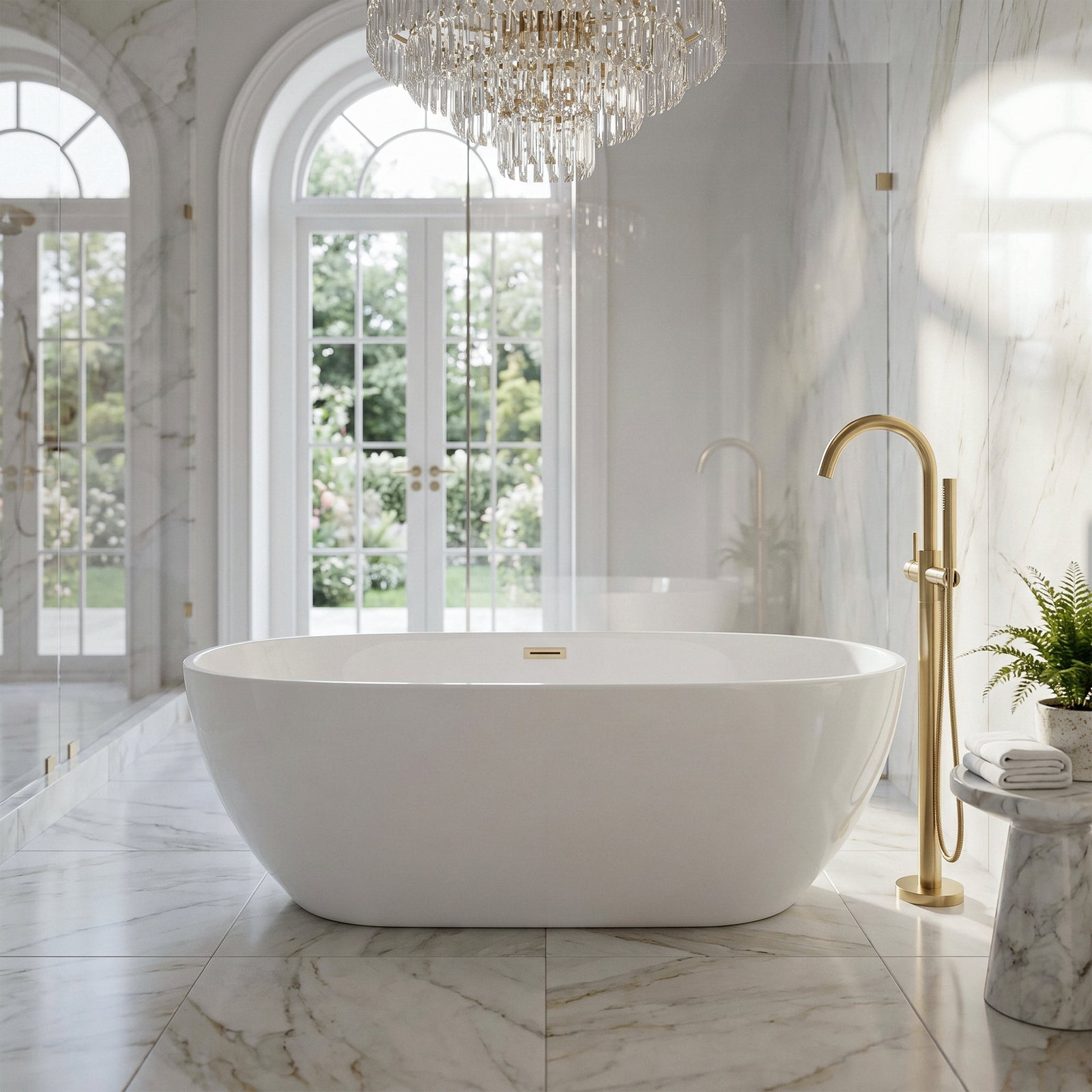 67 Inch Soaking Bathtub In Glossy White With Brushed Gold Trim - View 2 - Joshua Marshal