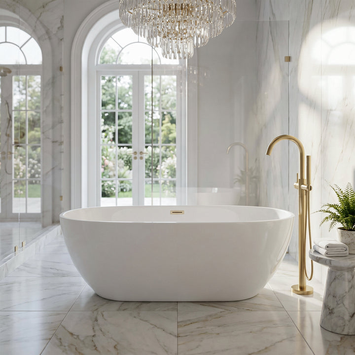 67 Inch Soaking Bathtub In Glossy White With Brushed Gold Trim - View 2 - Joshua Marshal