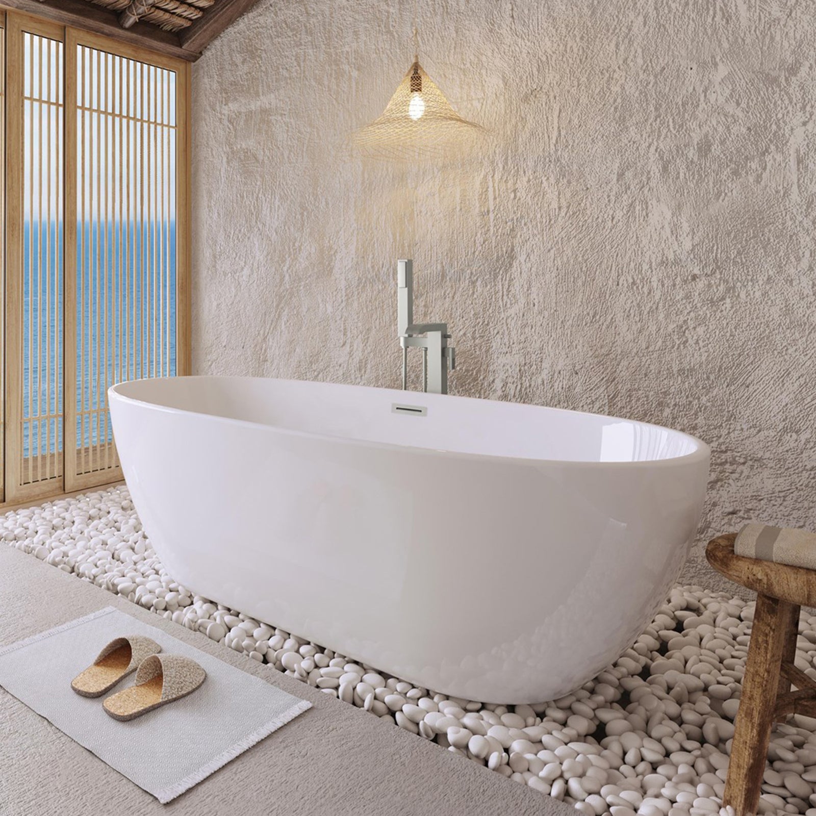 67 Inch Soaking Bathtub In Glossy White With Brushed Nickel Trim Glossy White Finish - KITCHEN & BATH by Joshua Marshal