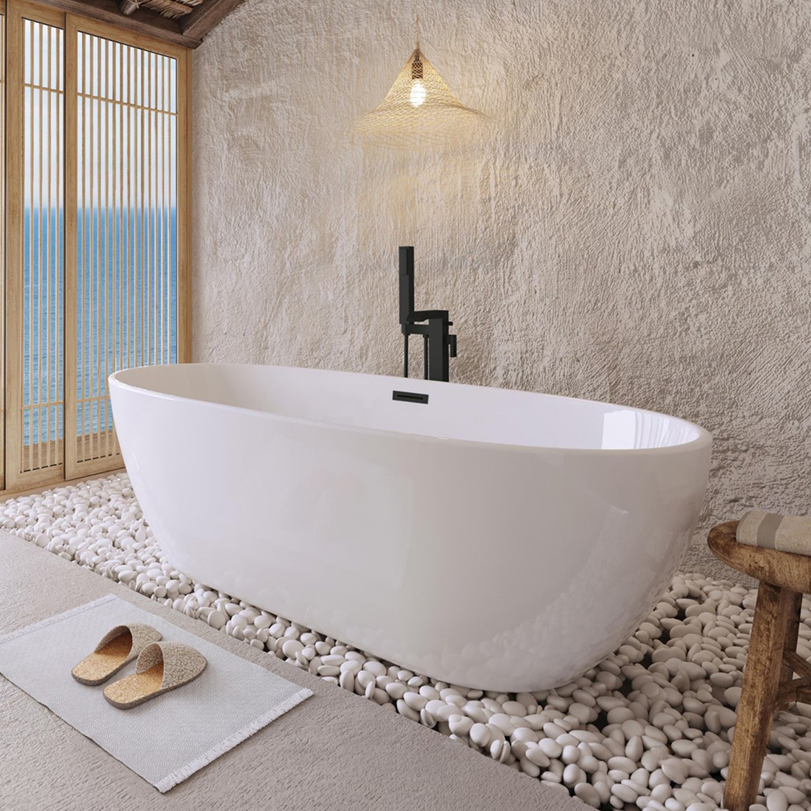 67 Inch Soaking Bathtub In Glossy White With Matte Black Trim Glossy White Finish - KITCHEN & BATH by Joshua Marshal