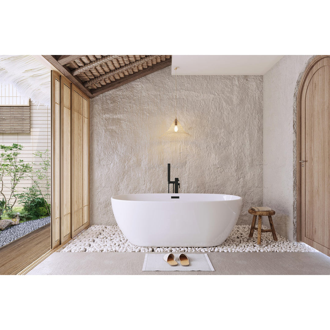 67 Inch Soaking Bathtub In Glossy White With Matte Black Trim - View 2 - Joshua Marshal