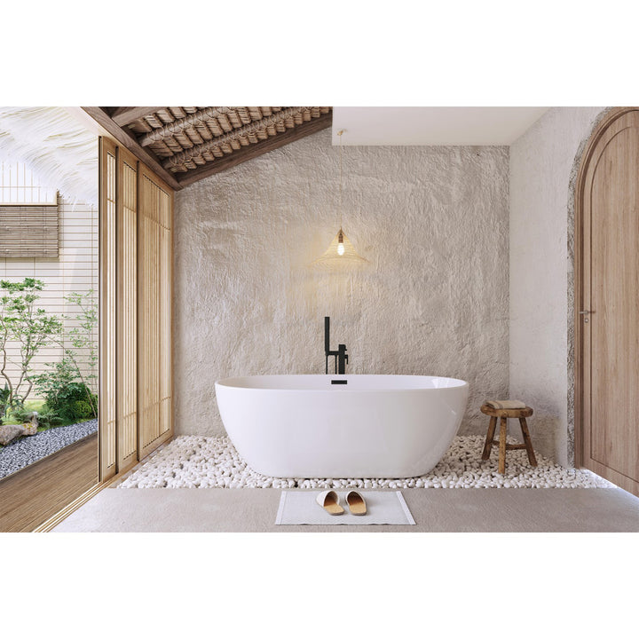 67 Inch Soaking Bathtub In Glossy White With Matte Black Trim - View 2 - Joshua Marshal