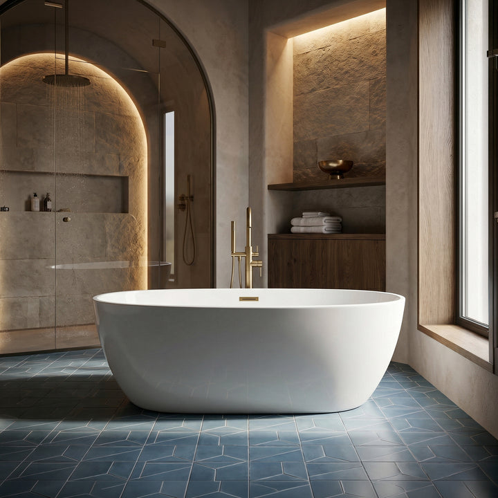 77 Inch Soaking Bathtub In Glossy White With Brushed Gold Trim - View 2 - Joshua Marshal