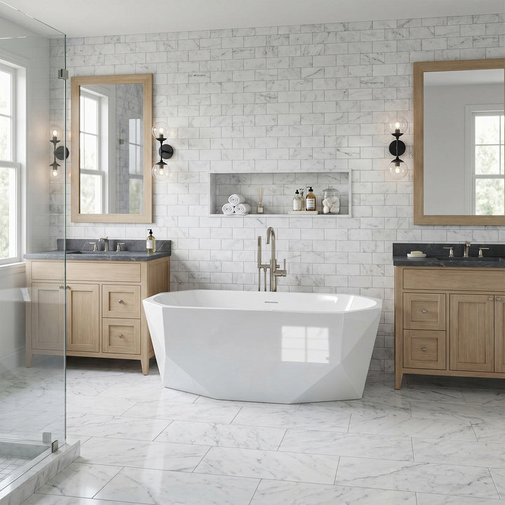 59 Inch Soaking Diamond Style Bathtub In Glossy White - View 2 - Joshua Marshal