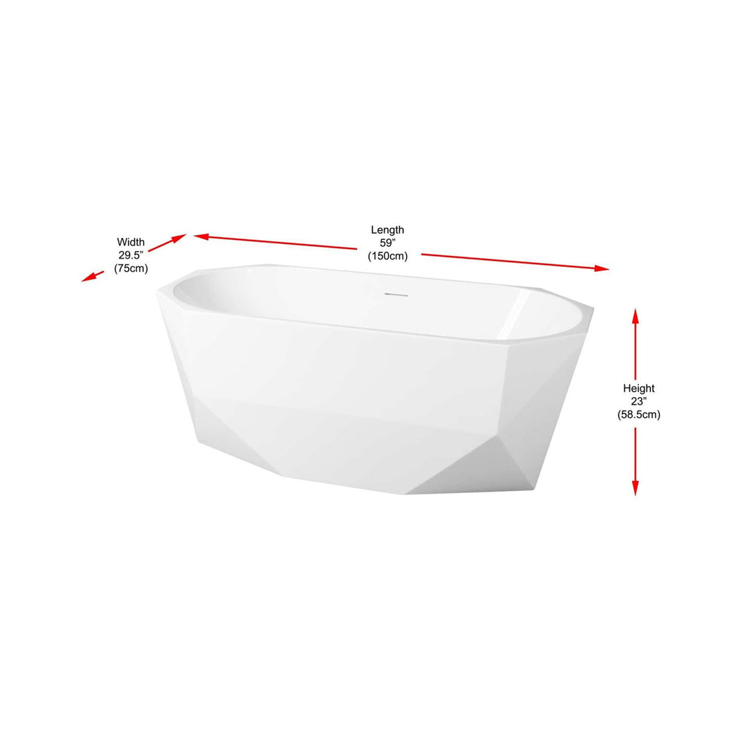 59 Inch Soaking Diamond Style Bathtub In Glossy White - View 5 - Joshua Marshal