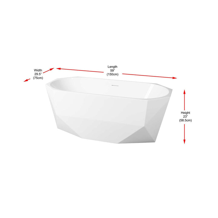 59 Inch Soaking Diamond Style Bathtub In Glossy White - View 5 - Joshua Marshal