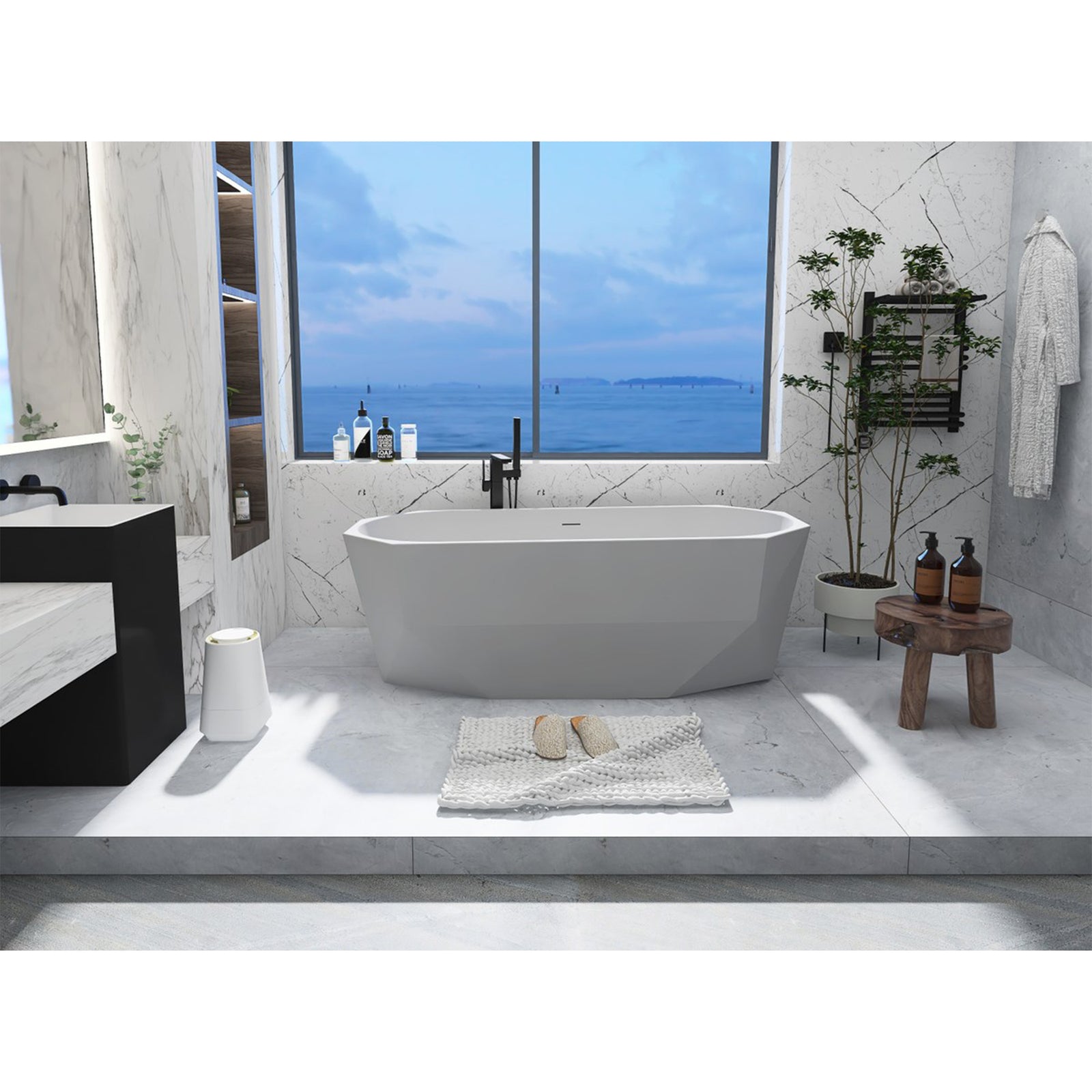 67 Inch Soaking Diamond Style Bathtub In Glossy White - View 2 - Joshua Marshal