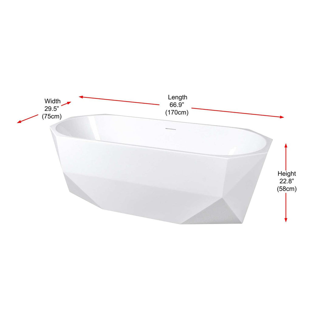 67 Inch Soaking Diamond Style Bathtub In Glossy White - View 6 - Joshua Marshal