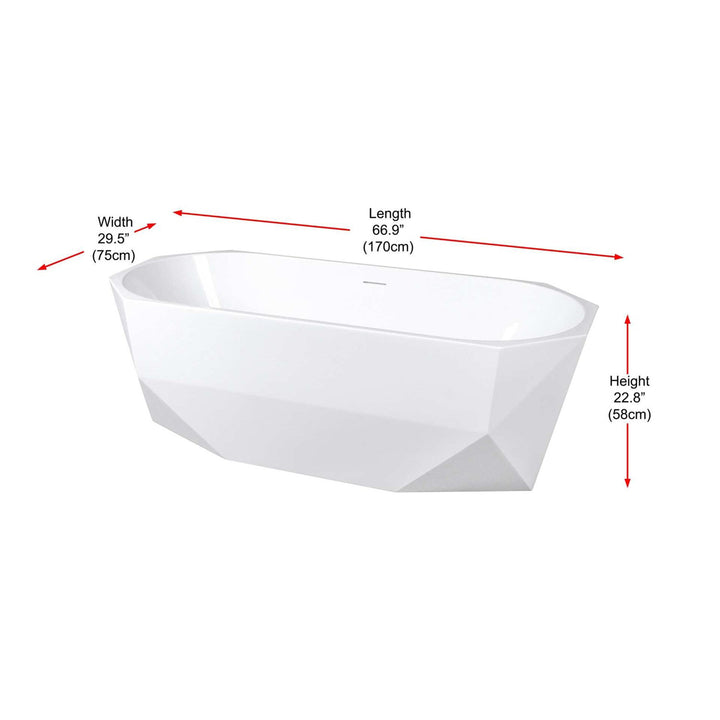 67 Inch Soaking Diamond Style Bathtub In Glossy White - View 6 - Joshua Marshal