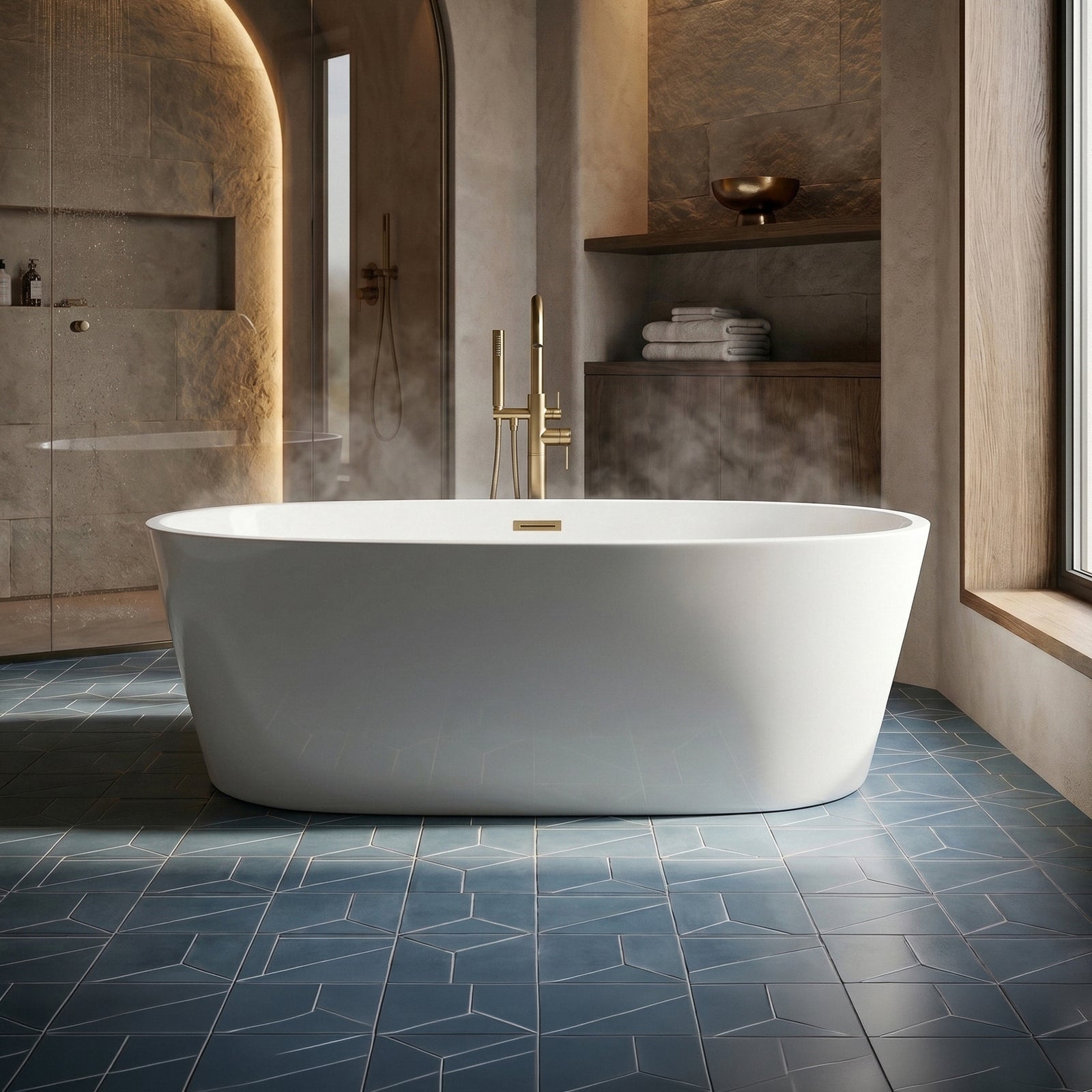 59 Inch Bathtub In Glossy White With Brushed Gold Trim Glossy White Finish - KITCHEN & BATH by Joshua Marshal