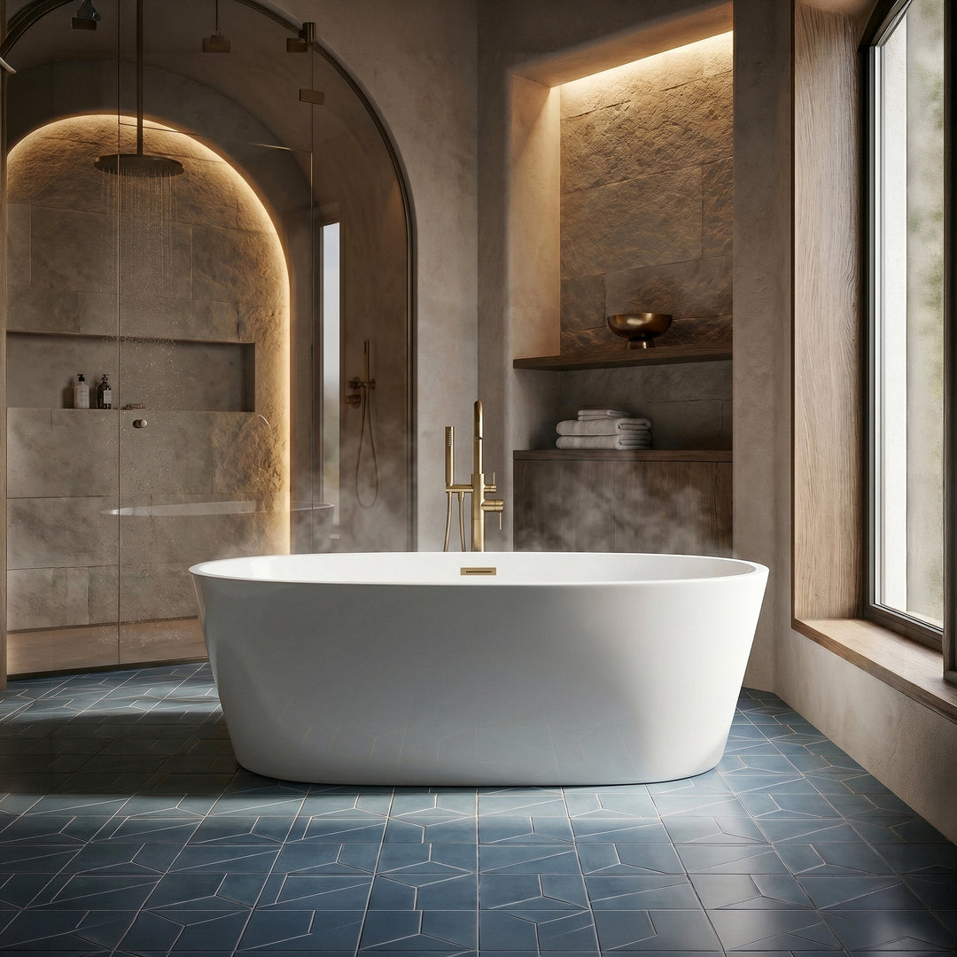 59 Inch Bathtub In Glossy White With Brushed Gold Trim - View 2 - Joshua Marshal