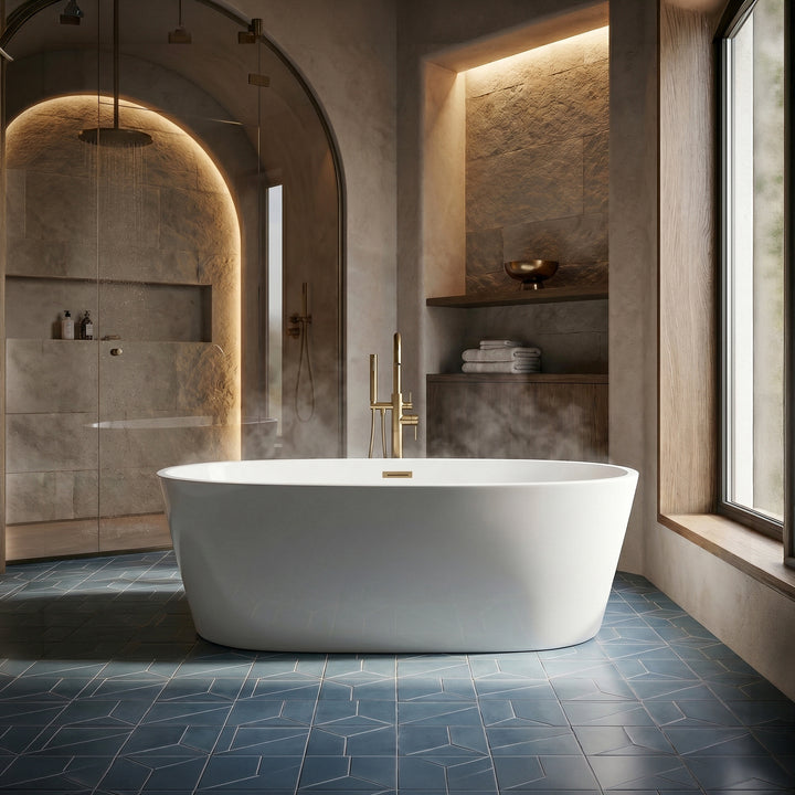59 Inch Bathtub In Glossy White With Brushed Gold Trim - View 2 - Joshua Marshal