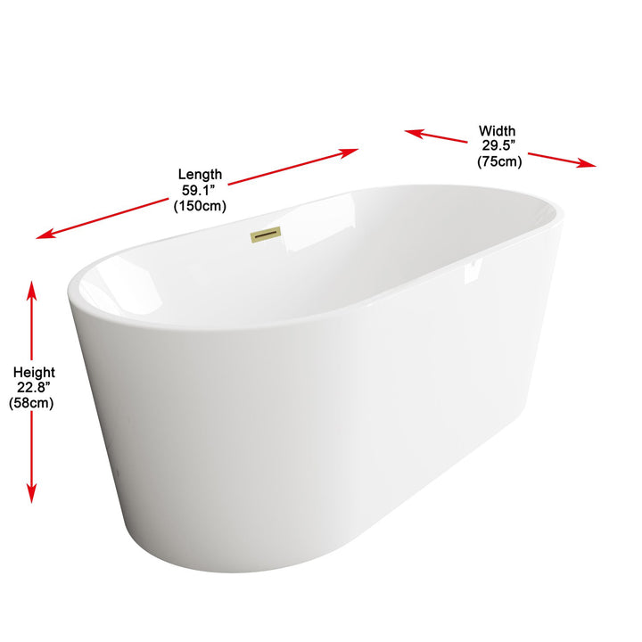 59 Inch Bathtub In Glossy White With Brushed Gold Trim - View 5 - Joshua Marshal