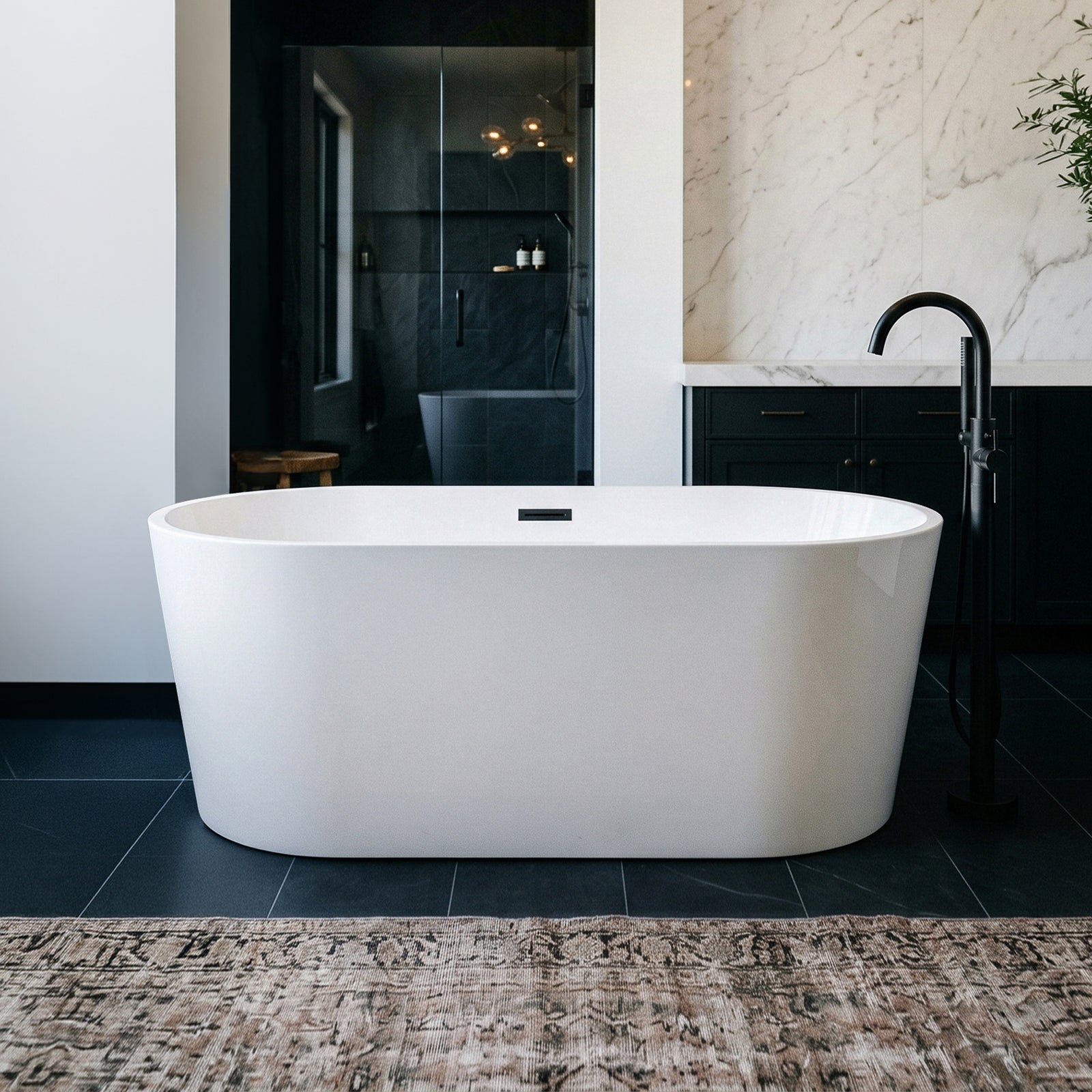 59 Inch Bathtub In Glossy White With Matte Black Trim Glossy White Finish - KITCHEN & BATH by Joshua Marshal