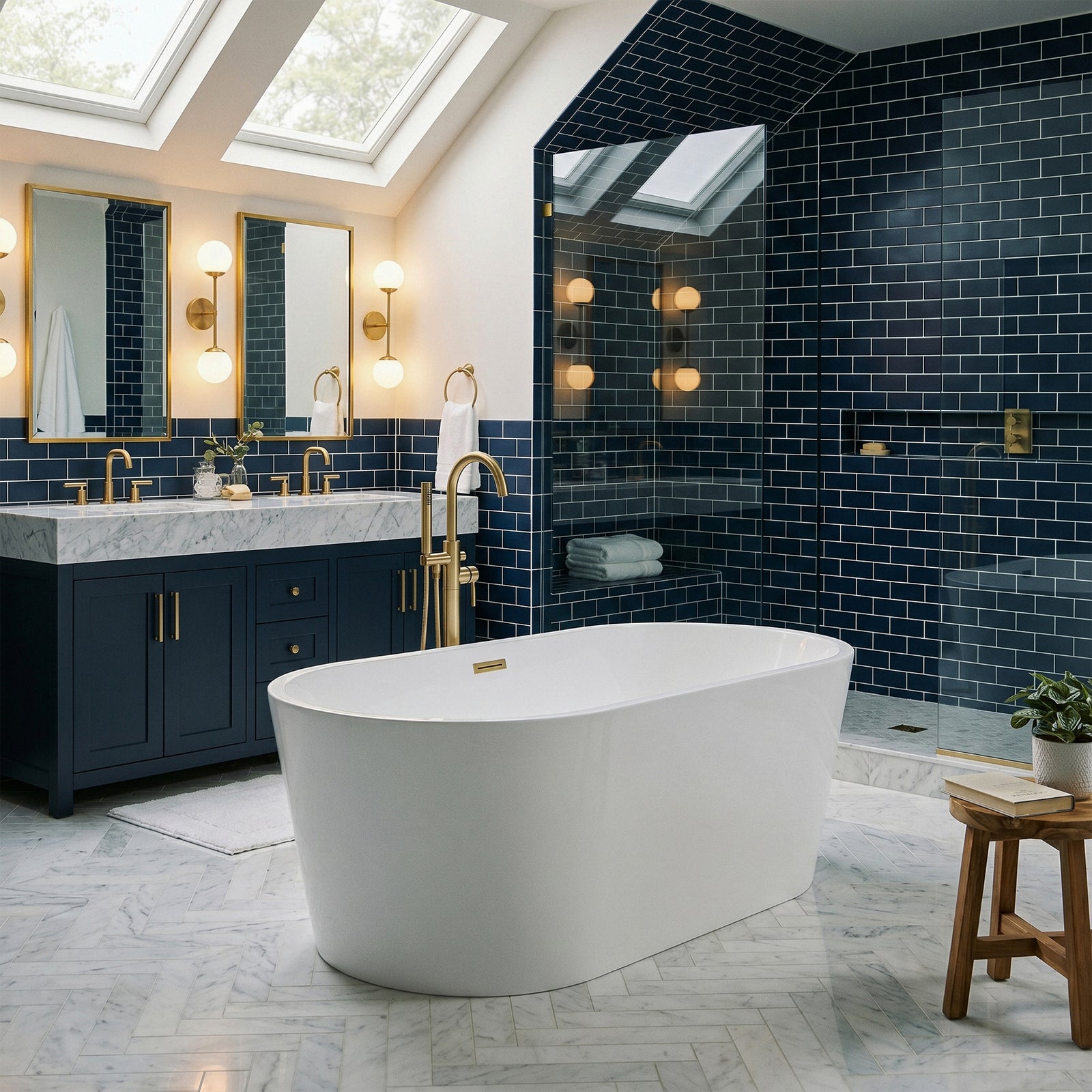 67 Inch Bathtub In Glossy White With Brushed Gold Trim - View 2 - Joshua Marshal