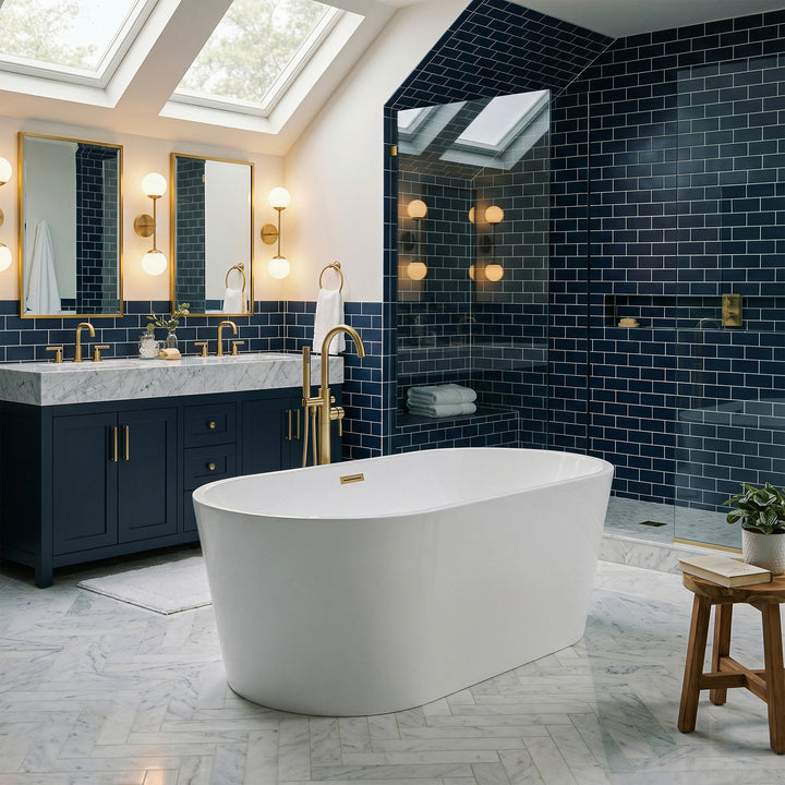 67 Inch Bathtub In Glossy White With Brushed Gold Trim - View 2 - Joshua Marshal