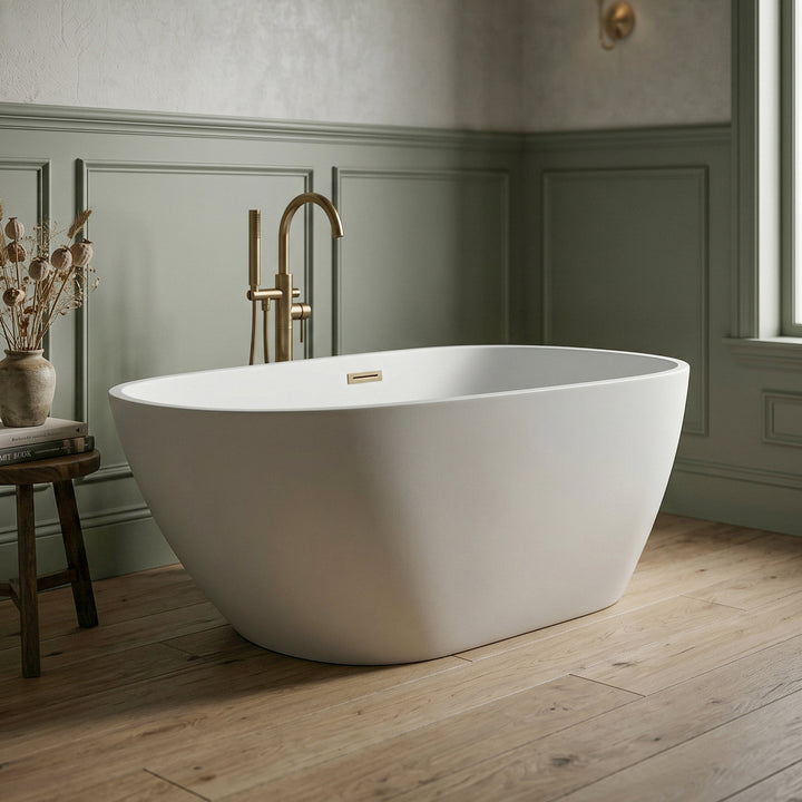 59 Inch Bathtub In Glossy White With Brushed Gold Trim Glossy White Finish - KITCHEN & BATH by Joshua Marshal