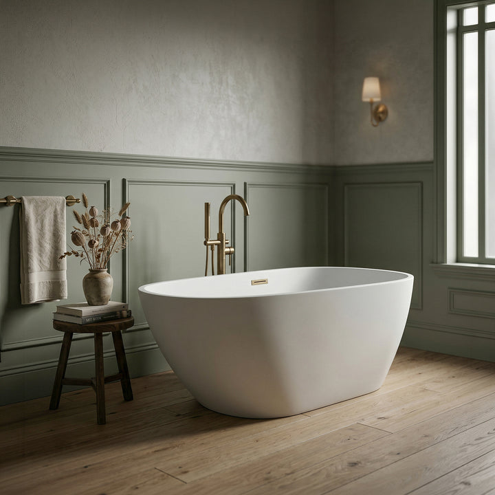 59 Inch Bathtub In Glossy White With Brushed Gold Trim - View 2 - Joshua Marshal