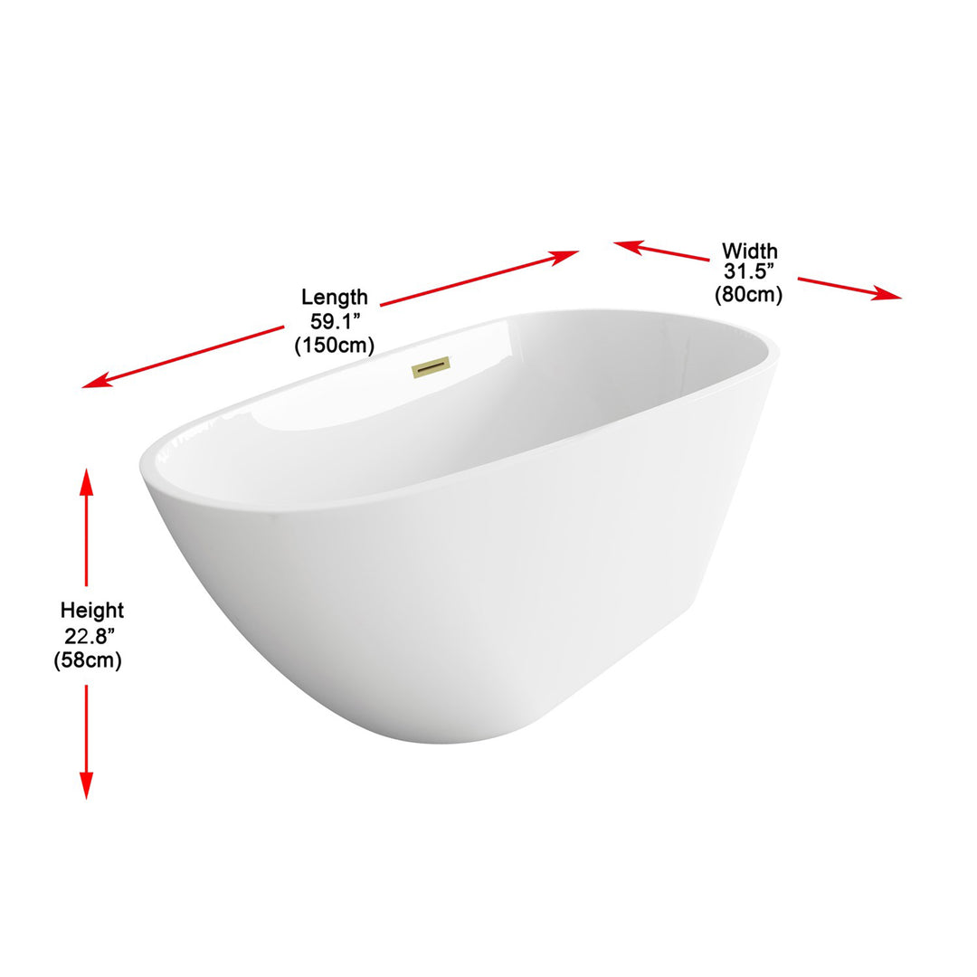 59 Inch Bathtub In Glossy White With Brushed Gold Trim - View 4 - Joshua Marshal