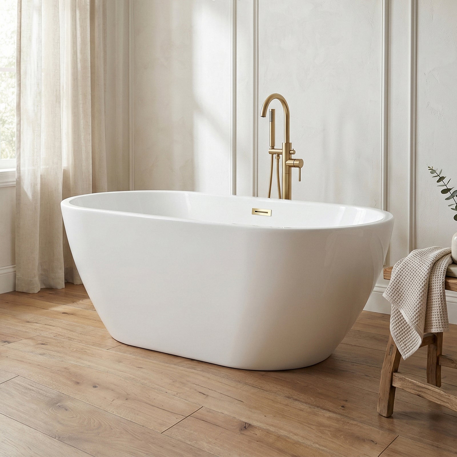 59 Inch Bathtub In Glossy White With Brushed Gold Trim Glossy White Finish - KITCHEN & BATH by Joshua Marshal