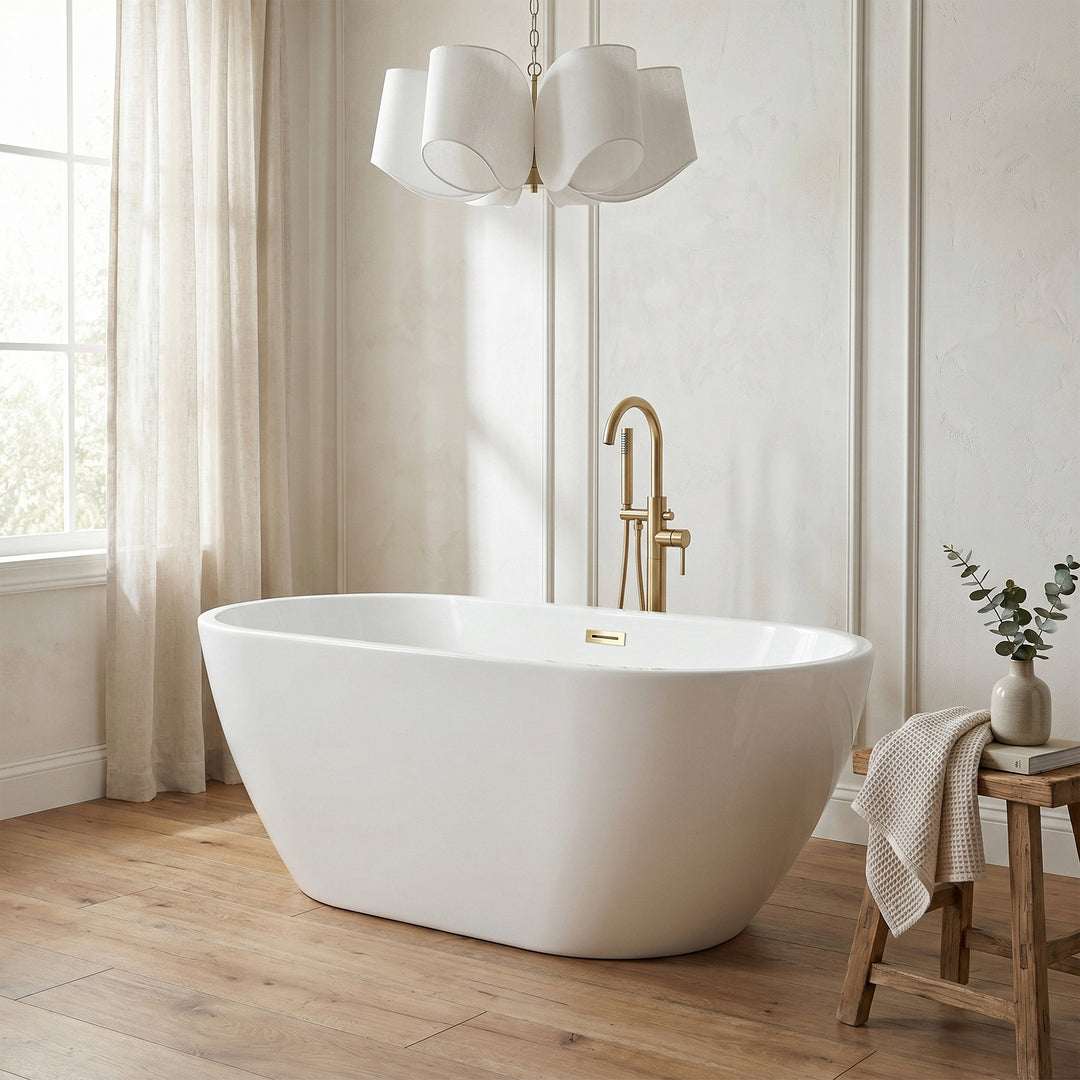59 Inch Bathtub In Glossy White With Brushed Gold Trim - View 2 - Joshua Marshal