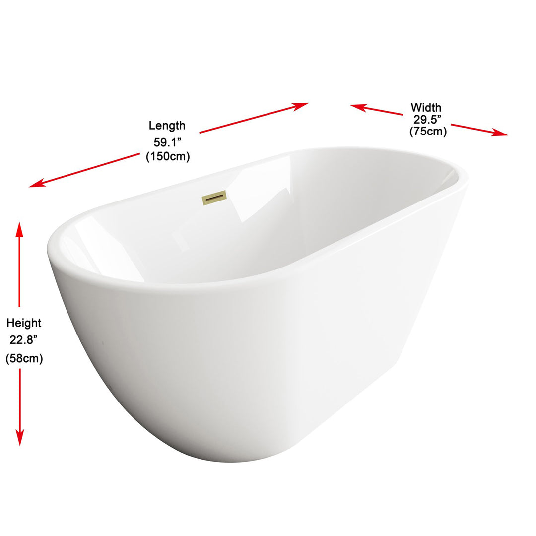 59 Inch Bathtub In Glossy White With Brushed Gold Trim - View 5 - Joshua Marshal