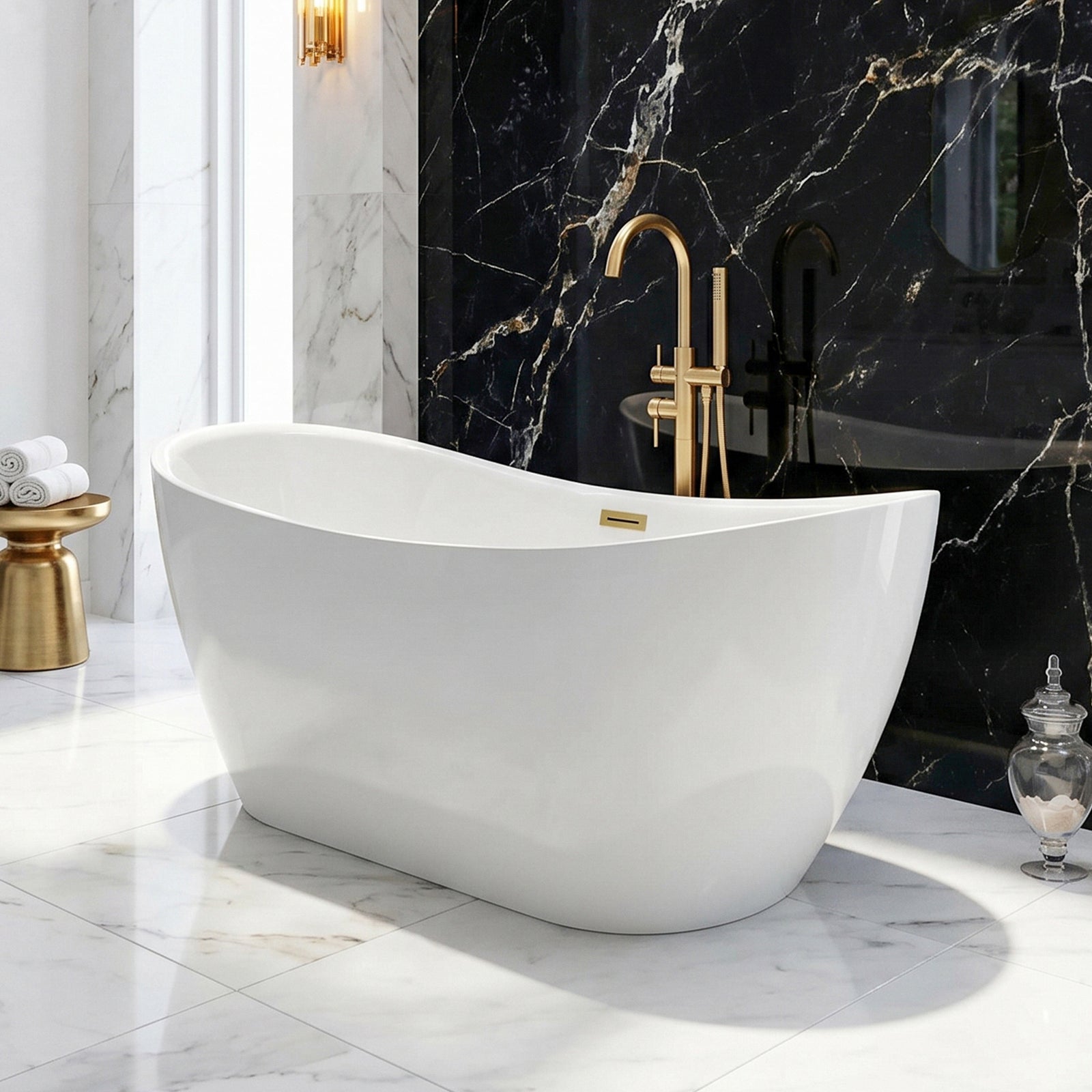 59 Inch Bathtub In Glossy White With Brushed Gold Trim Glossy White Finish - KITCHEN & BATH by Joshua Marshal