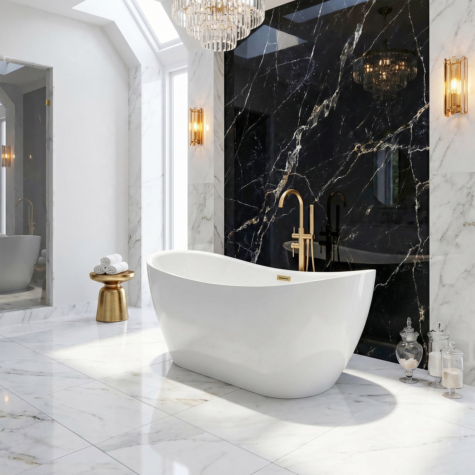 59 Inch Bathtub In Glossy White With Brushed Gold Trim - View 2 - Joshua Marshal