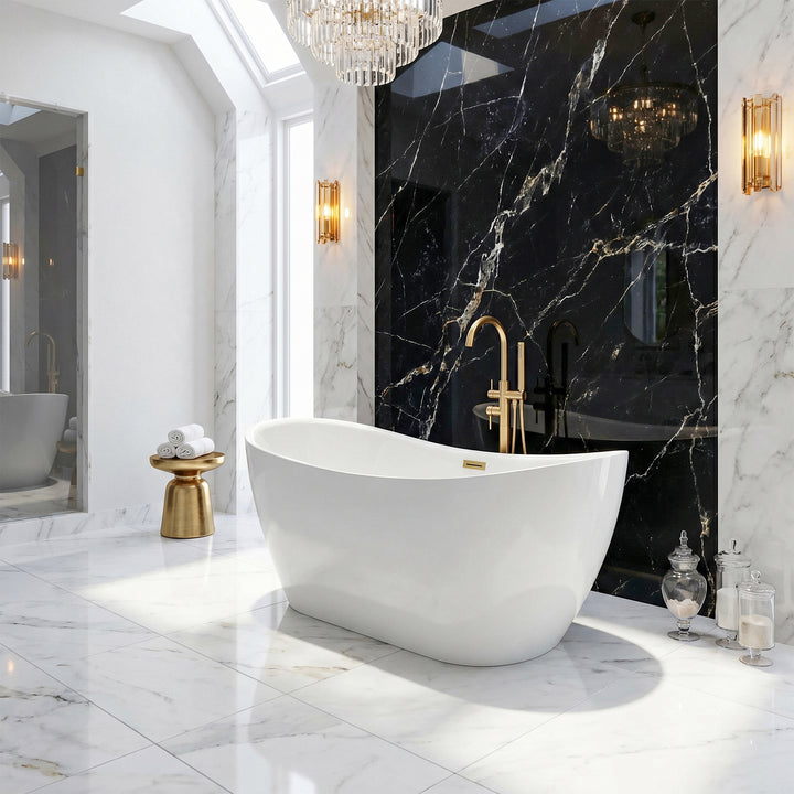 59 Inch Bathtub In Glossy White With Brushed Gold Trim - View 2 - Joshua Marshal