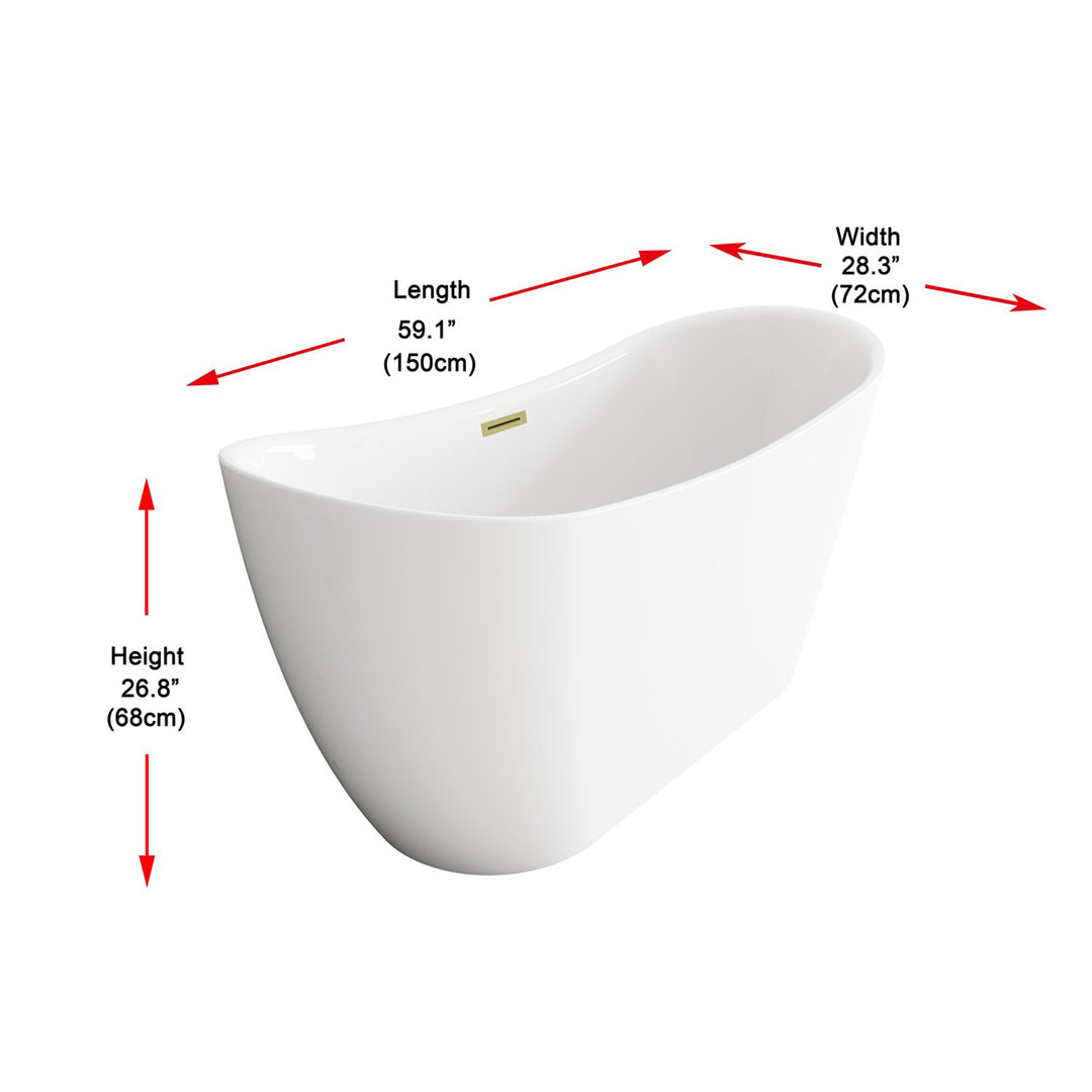 59 Inch Bathtub In Glossy White With Brushed Gold Trim - View 5 - Joshua Marshal