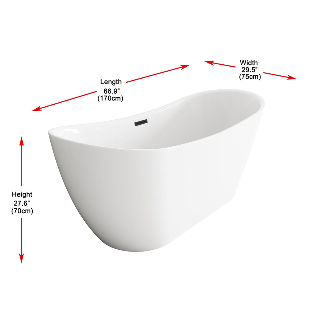 67 Inch Bathtub In Glossy White With Matte Black Trim - View 6 - Joshua Marshal