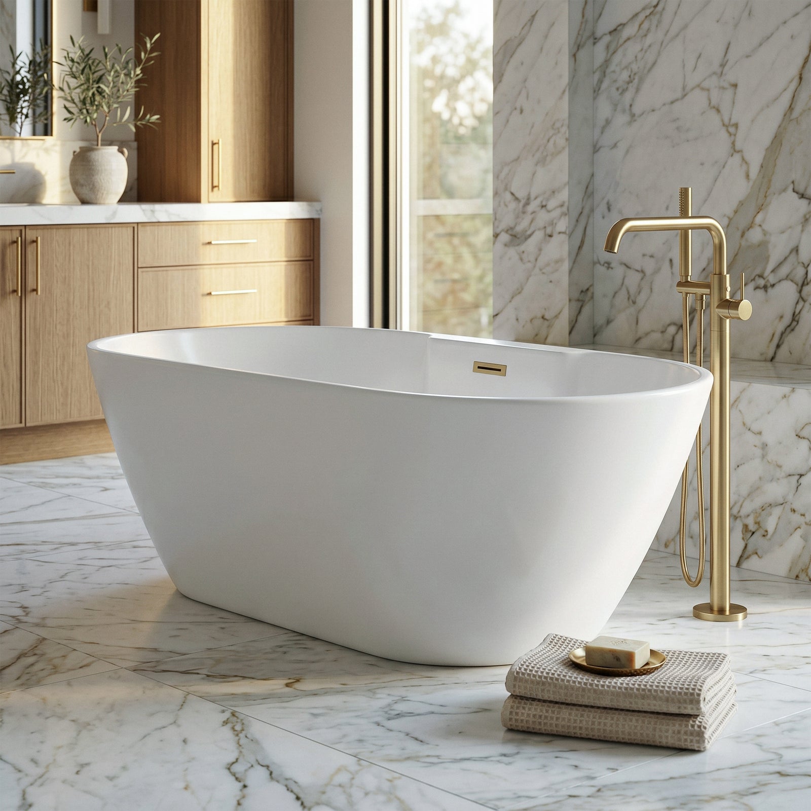 59 Inch Bathtub In Glossy White With Brushed Gold Trim Glossy White Finish - KITCHEN & BATH by Joshua Marshal