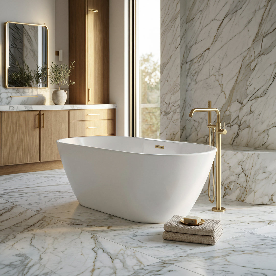 59 Inch Bathtub In Glossy White With Brushed Gold Trim - View 2 - Joshua Marshal