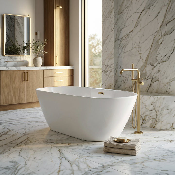 59 Inch Bathtub In Glossy White With Brushed Gold Trim - View 2 - Joshua Marshal