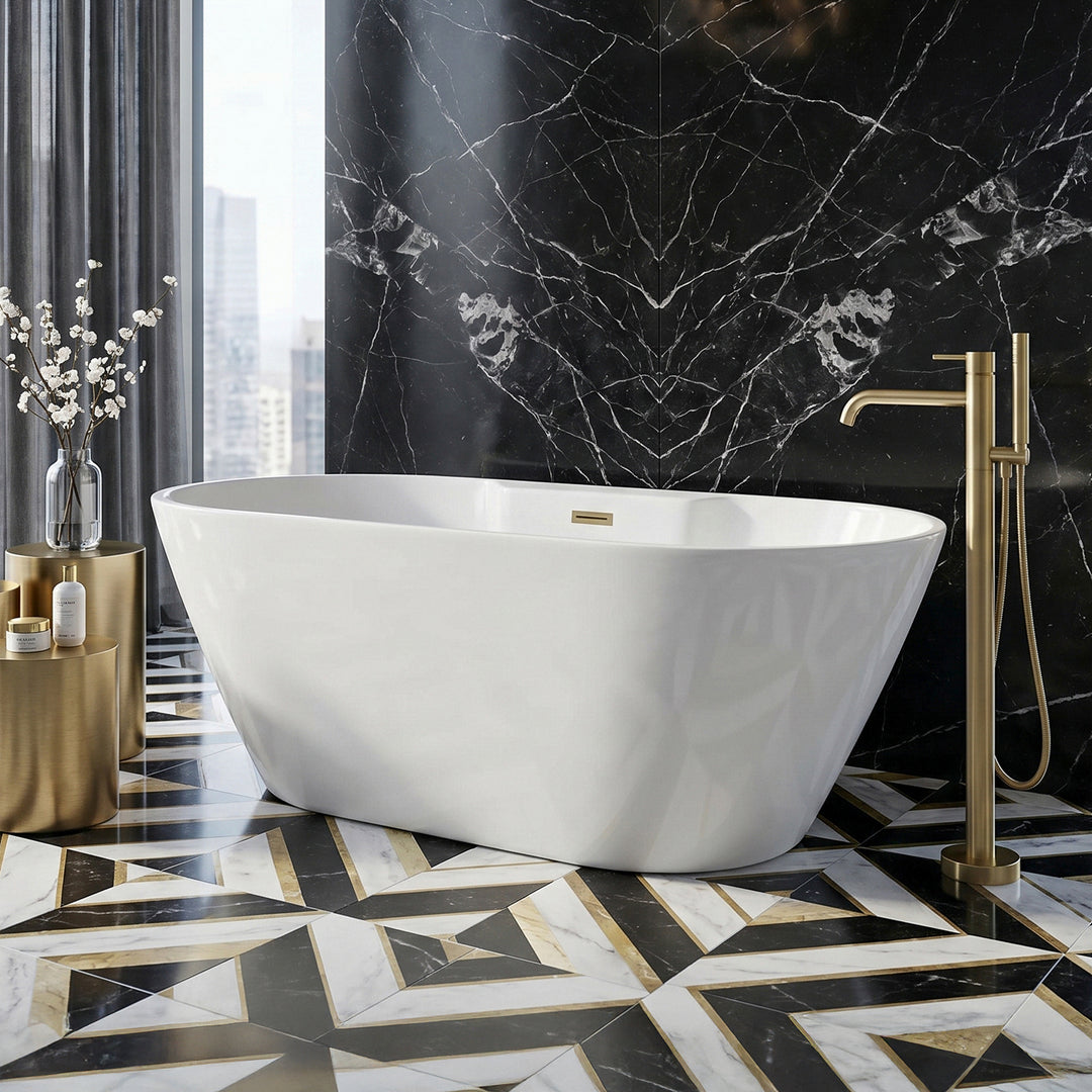 67 Inch Bathtub In Glossy White With Brushed Gold Trim Glossy White Finish - KITCHEN & BATH by Joshua Marshal