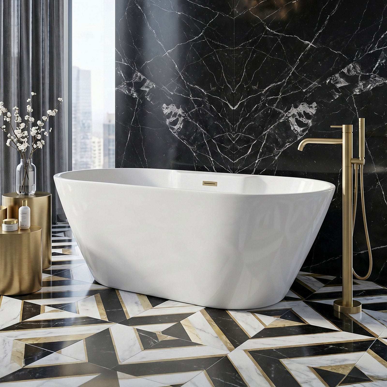 67 Inch Bathtub In Glossy White With Brushed Gold Trim Glossy White Finish - KITCHEN & BATH by Joshua Marshal