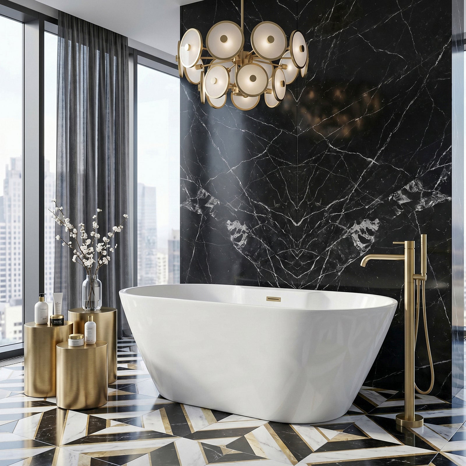 67 Inch Bathtub In Glossy White With Brushed Gold Trim - View 2 - Joshua Marshal
