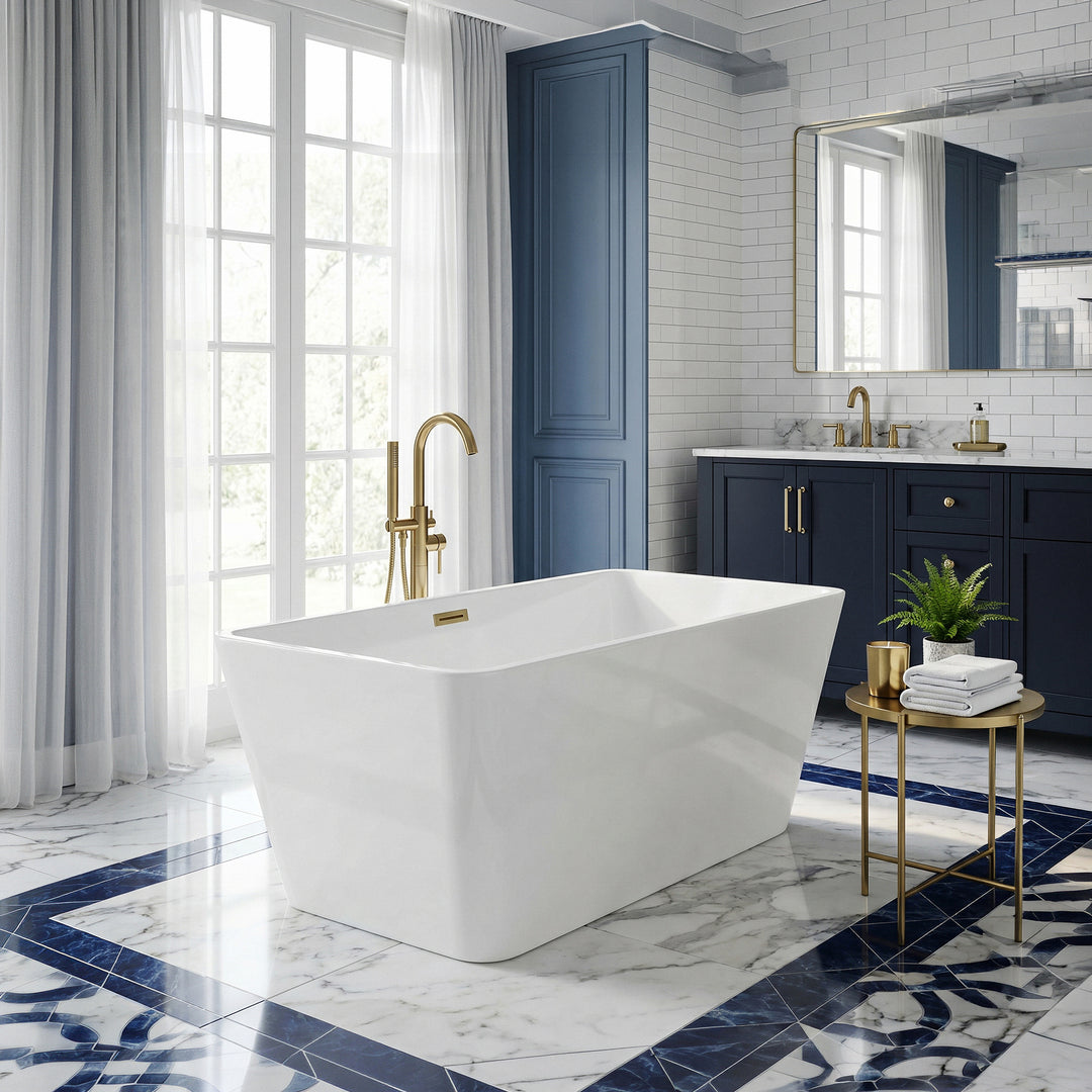 59 Inch Bathtub In Glossy White With Brushed Gold Trim - View 2 - Joshua Marshal