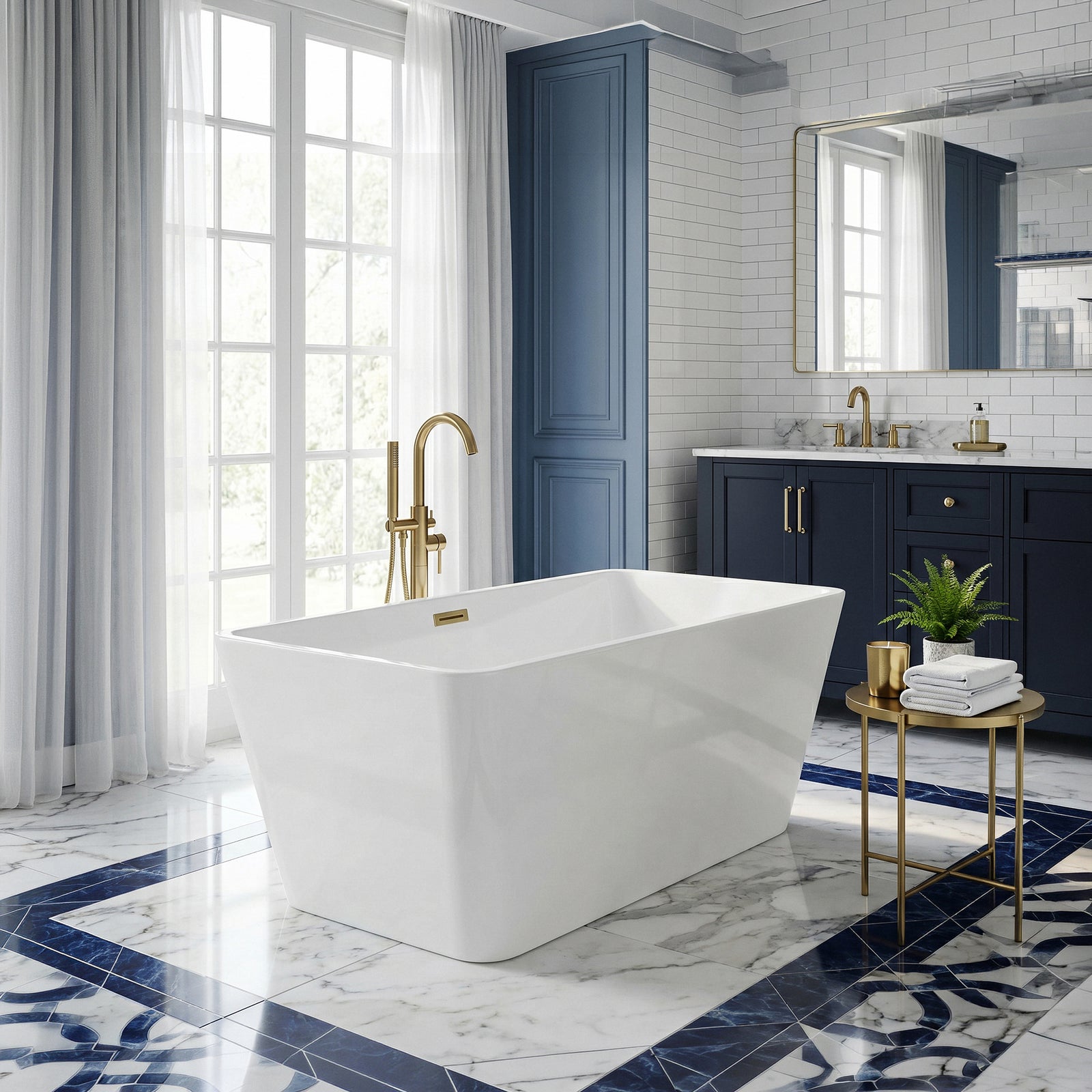 59 Inch Bathtub In Glossy White With Brushed Gold Trim - View 2 - Joshua Marshal