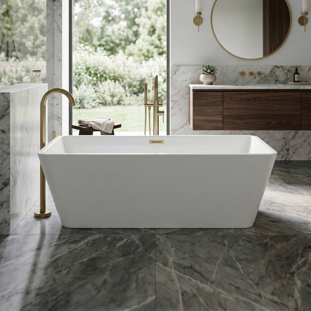 67 Inch Bathtub In Glossy White With Brushed Gold Trim Glossy White Finish - KITCHEN & BATH by Joshua Marshal