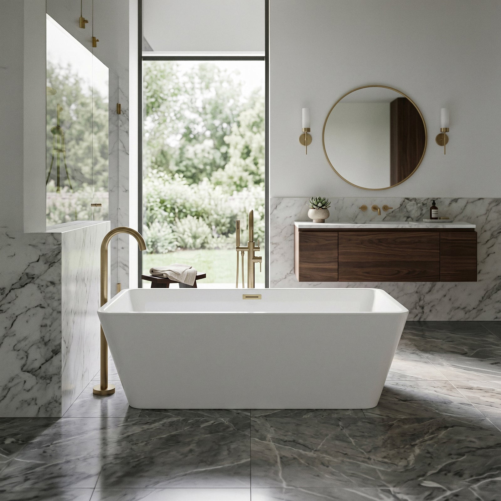 67 Inch Bathtub In Glossy White With Brushed Gold Trim - View 2 - Joshua Marshal